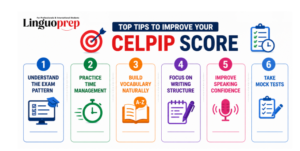  Horizontal infographic showing CELPIP exam preparation tips with Linguoprep logo and key improvement pointers 