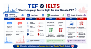 Horizontal infographic comparing TEF vs IELTS with language familiarity, exam pattern, scoring system, PR benefits icons