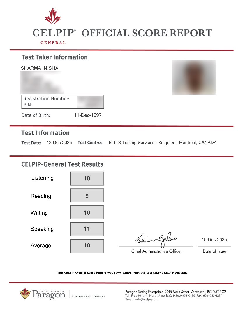 CELPIP Score Achieved