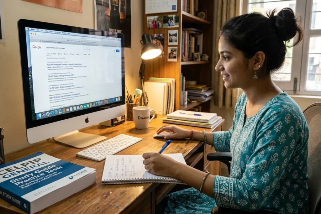 Girl searching CELPIP Writing Task Templates on the internet