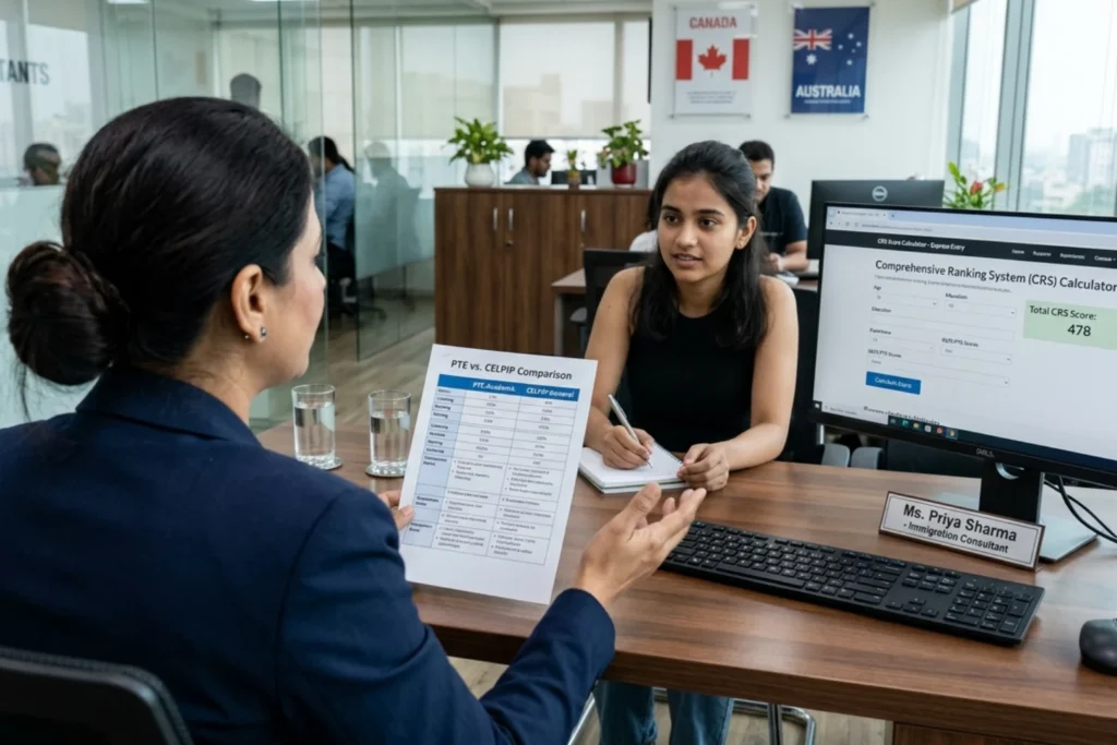 Immigration consultant discussing PTE VS CELPIP with Canada PR Applicant