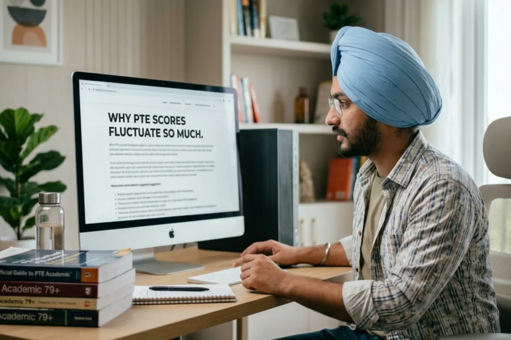 Indian student checking an article about Why PTE Scores Fluctuate So Much