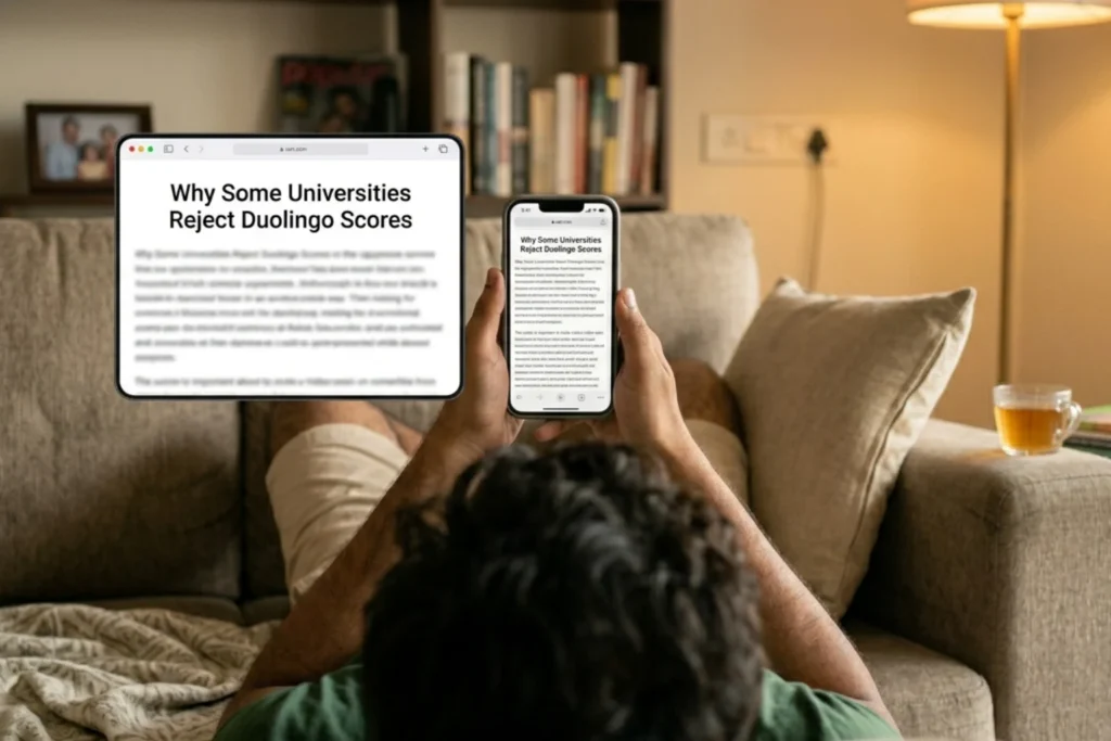 Indian student checking an article on why some universities rejecting duolingo score