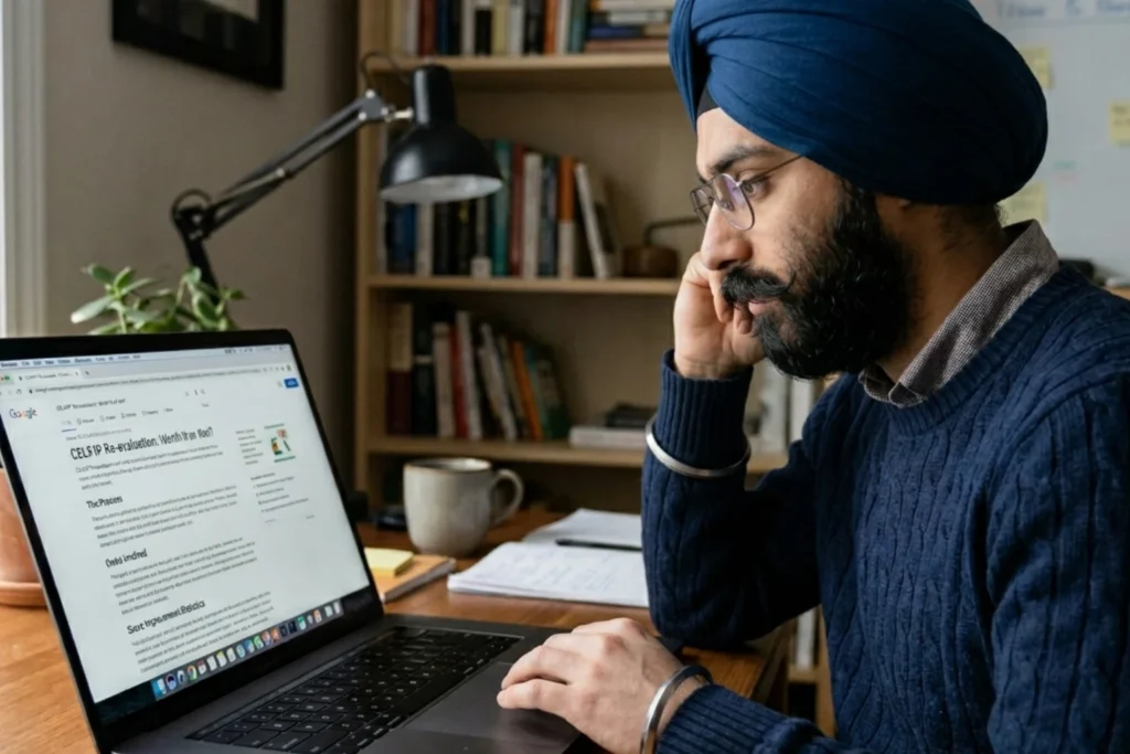 Man reading an article if CELPIP Re-evaluation: Worth It or Not?
