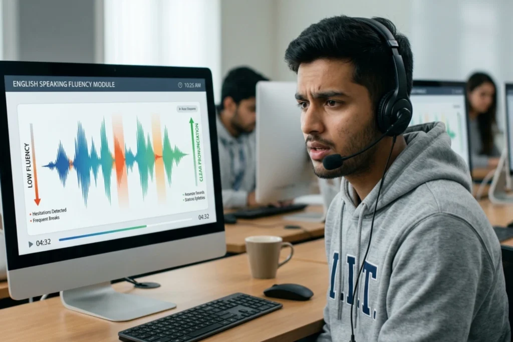 PTE speaking test showing low fluency despite clear pronunciation