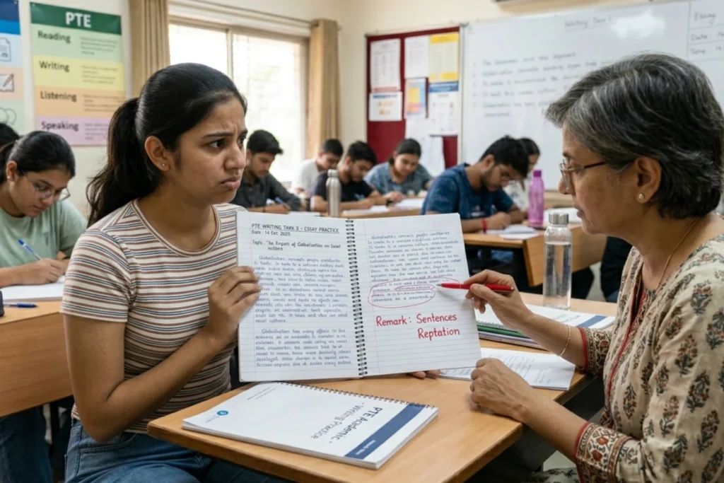 Teacher explaining common mistakes in PTE Repeat Sentence task