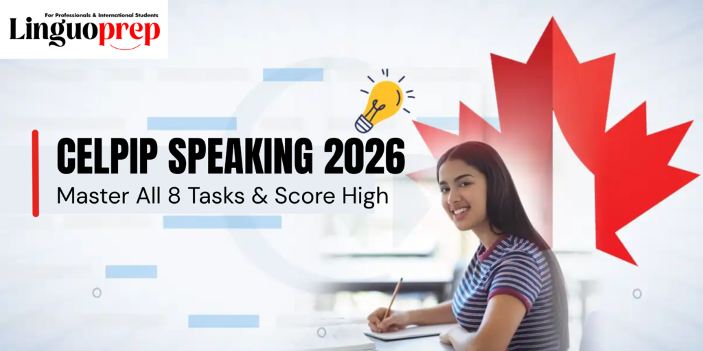 Professional cover image for CELPIP Speaking Test 2026 featuring Linguoprep logo, student with headset, and high-scoring speaking strategies.