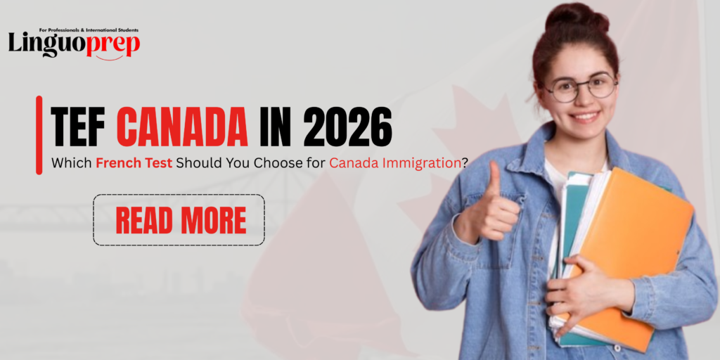 TEF Canada in 2026 banner with Canada skyline, maple flag, Linguoprep logo, and immigration theme.