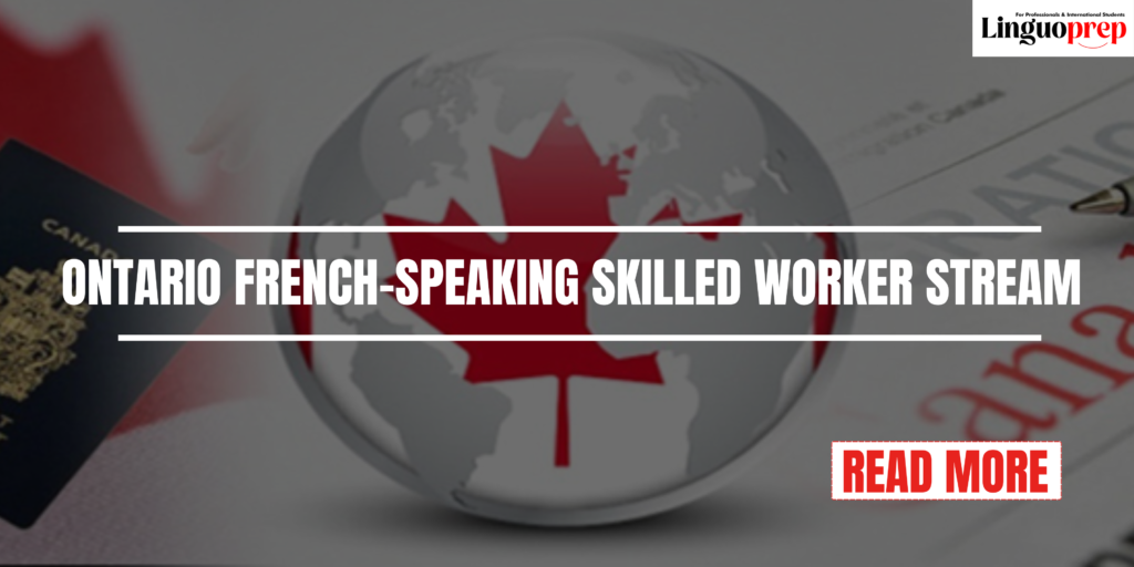 Ontario French-Speaking Skilled Worker Stream cover image with Canada skyline and bilingual immigration theme.