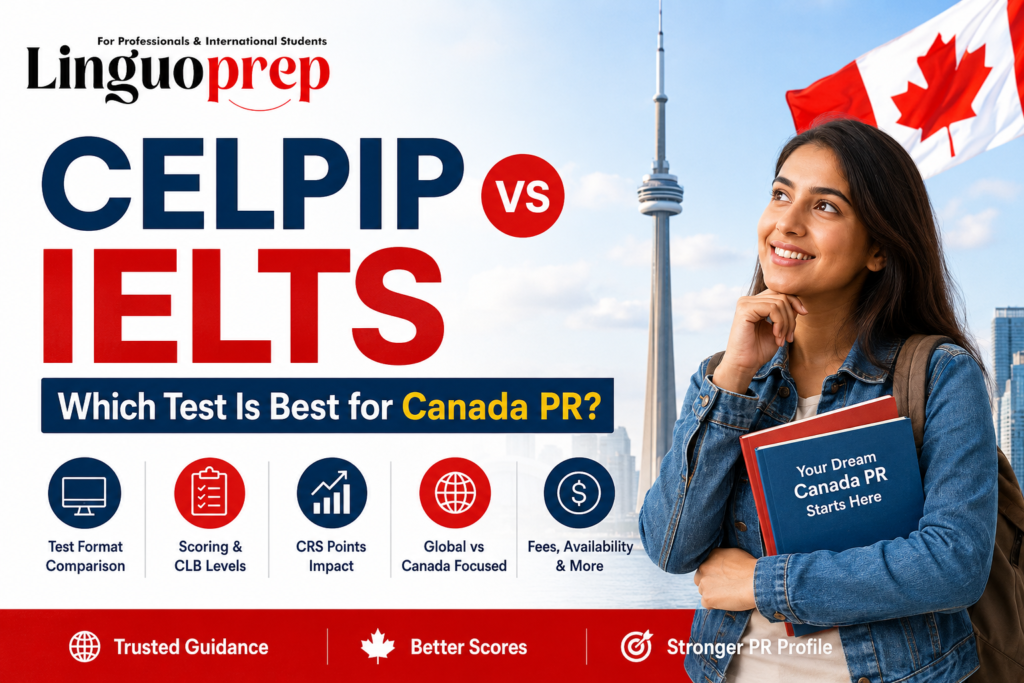CELPIP vs IELTS comparison for Canada PR showing test format, scores, CRS impact, fees and best exam choice guide