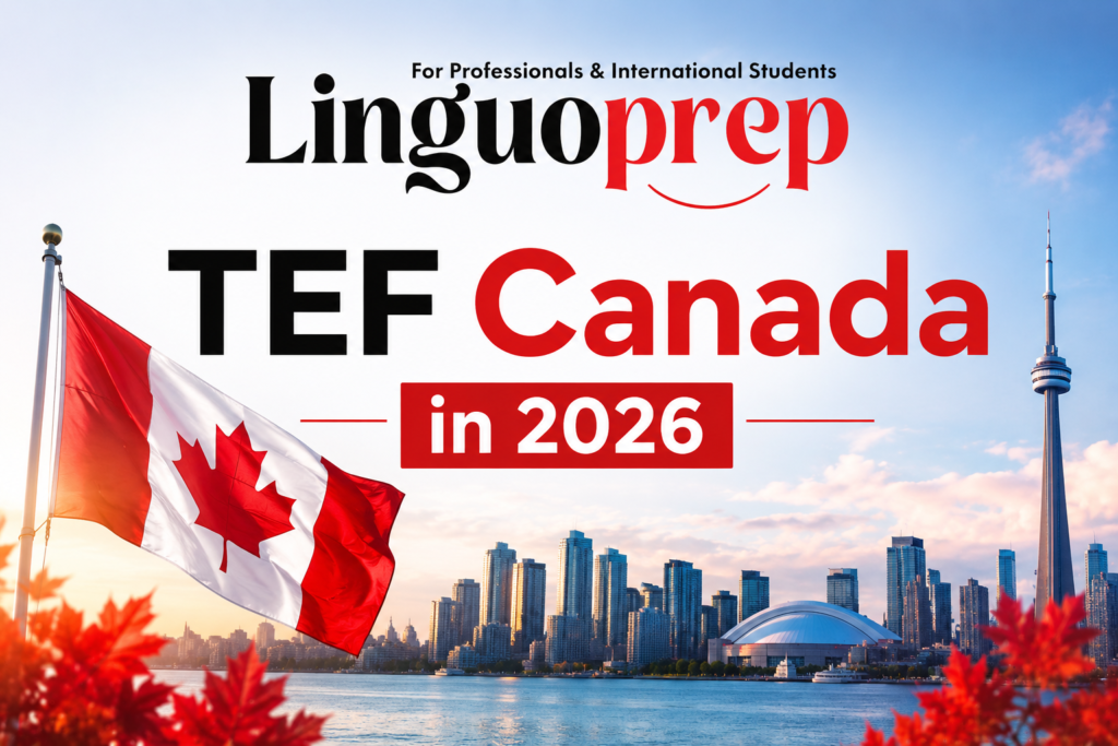 TEF Canada in 2026 banner with Canada skyline, maple flag, Linguoprep logo, and immigration theme.